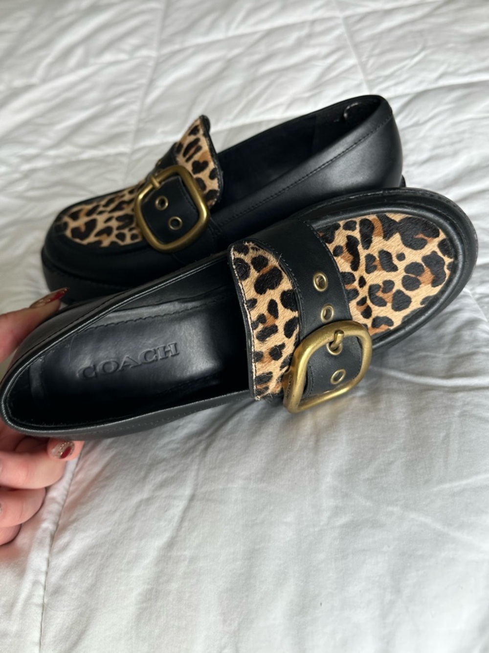 Coach Black Grand Leather Lug Sole Loafer with Leopard Print and Brass Buckle - Picture 7 of 8